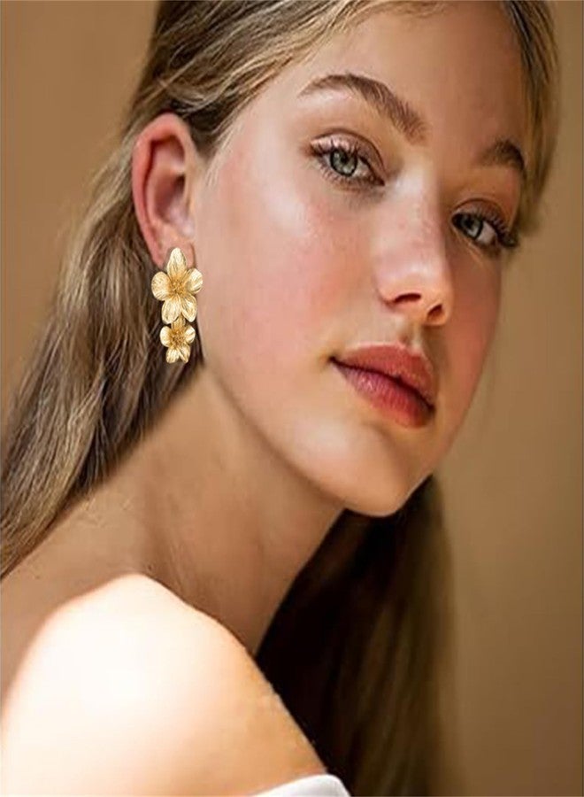 WCRAZYE Gold Chunky Flower Earrings Necklace Sets for Women Boho Statement Flower Earrings Gold Layered Floral Flower Chunky Collar Necklace Wedding Prom Fashion Jewelry (Double Flower) - Image 4